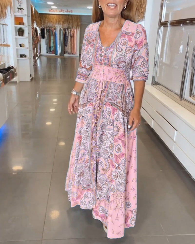 Urlaubskleid mit V-Ausschnitt und Dreiviertelärmeln für Damen