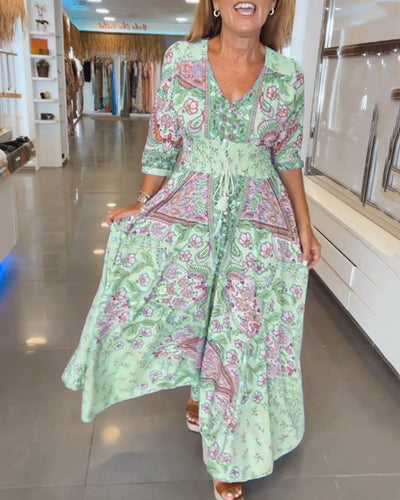 Urlaubskleid mit V-Ausschnitt und Dreiviertelärmeln für Damen