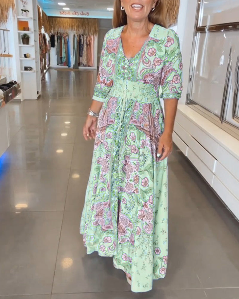 Urlaubskleid mit V-Ausschnitt und Dreiviertelärmeln für Damen