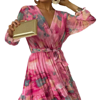 Jenny – Elegantes Chiffon-Kleid mit Kordelzug und Patchwork