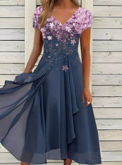 Damen A-Linien Chiffonkleid mit Blumendruck und V-Ausschnitt – Elegantes Sommerkleid für festliche Anlässe