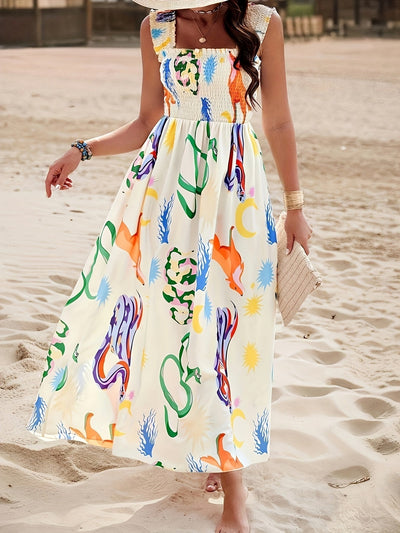 Luftiges Sommerkleid – Ärmellos mit Cartoon-Print & Elastischen Trägern