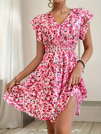 Elegantes A-Linien-Kleid – Blumenmuster, Kreuzhalsausschnitt, luftig