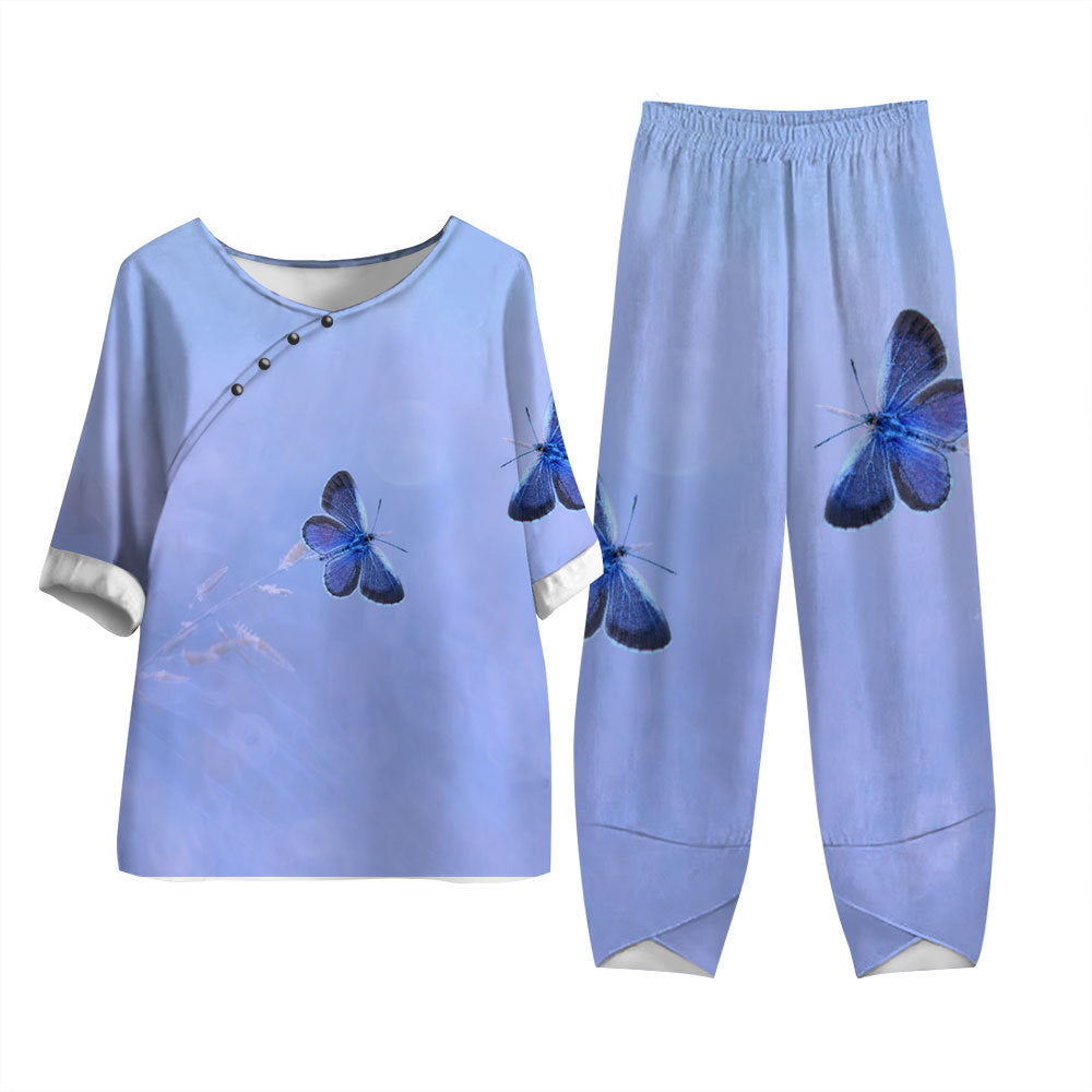 Damen Zweiteiliges Set Casual mit 3D Libellenmuster – Lockeres Halbarm Oberteil und Hose, Alltag & Freizeit, Asiatischer Stil