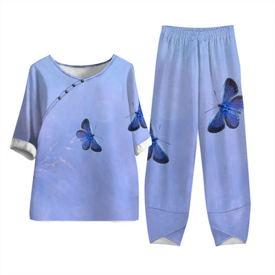 Damen Zweiteiliges Set Casual mit 3D Libellenmuster – Lockeres Halbarm Oberteil und Hose, Alltag & Freizeit, Asiatischer Stil