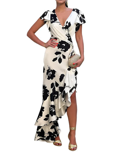 Marcy - Bedrucktes Kleid mit V-Ausschnitt und Rüschärmeln