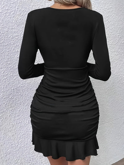 Elegantes Bodycon-Kleid – Langarm, V-Ausschnitt, Geraffter Saum, Figurbetont & Bequem