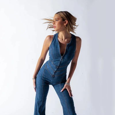 Damen Denim-Jumpsuit mit Herz-Ausschnitt – Figurbetonte Streetwear für den Alltag