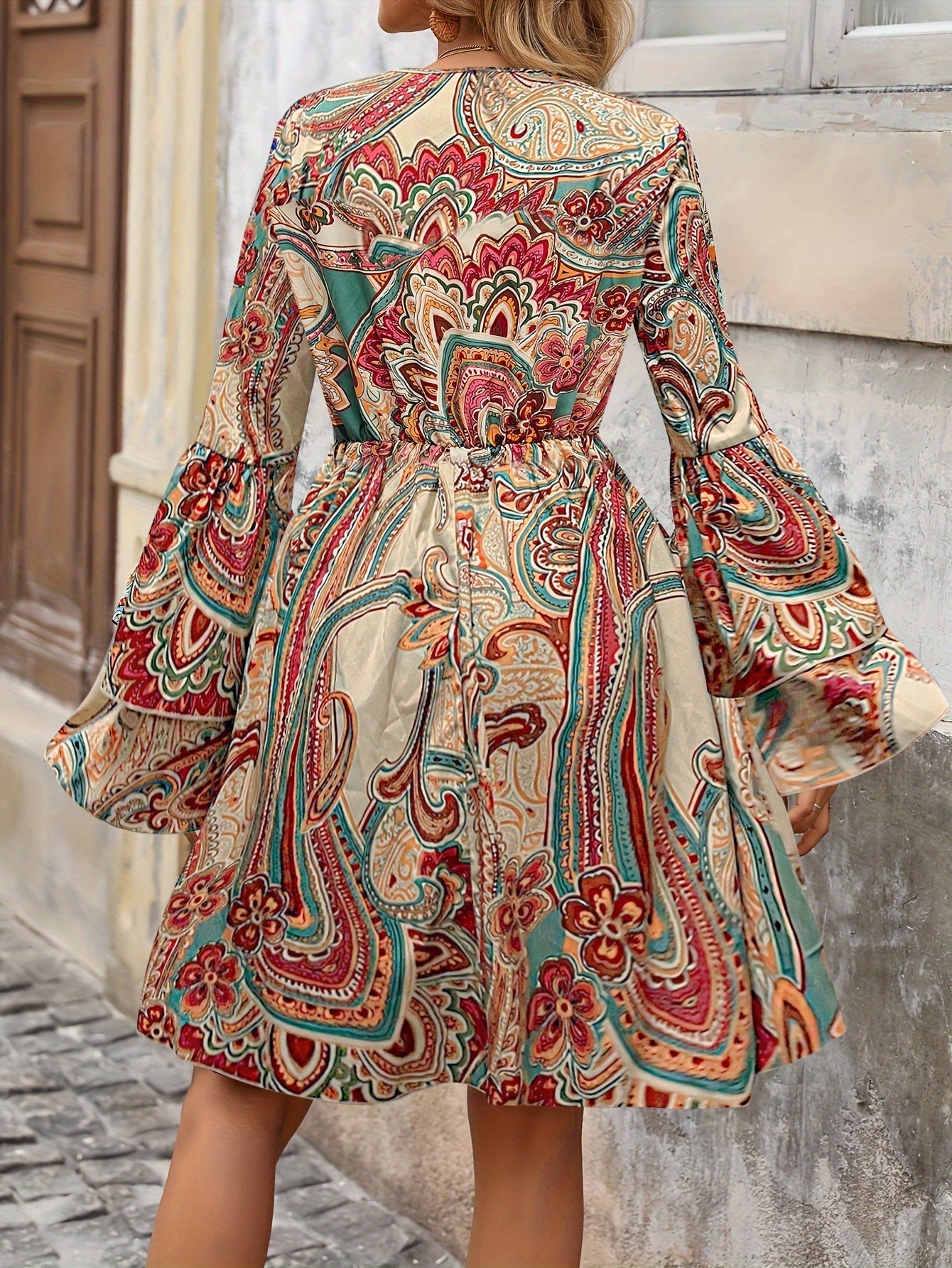 Paisley Kleid Damen – V-Ausschnitt A-Linie Sommerkleid mit Lagenärmeln