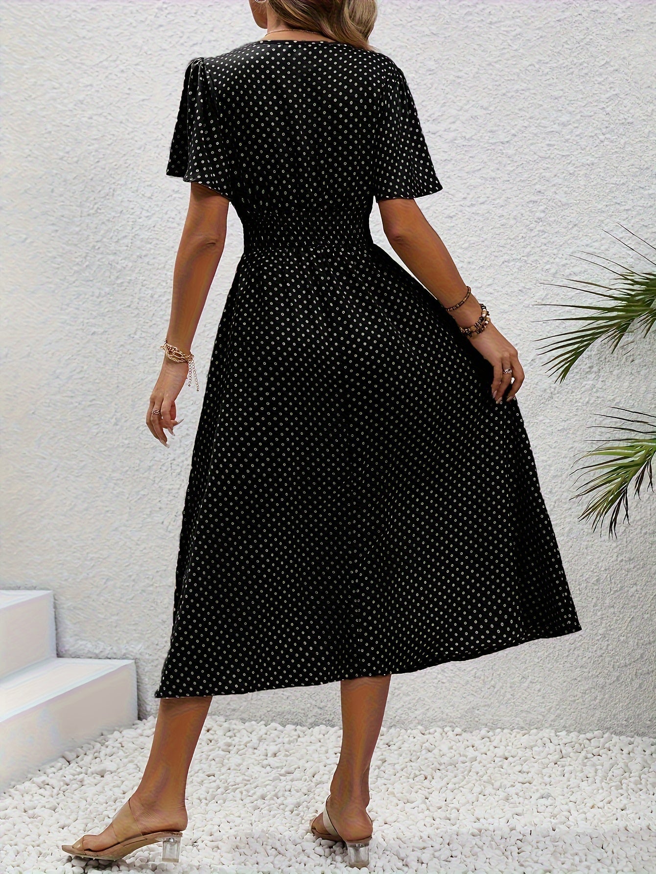 Polka Dot Sommerkleid Damen – Luftiges V-Ausschnitt Midi-Kleid