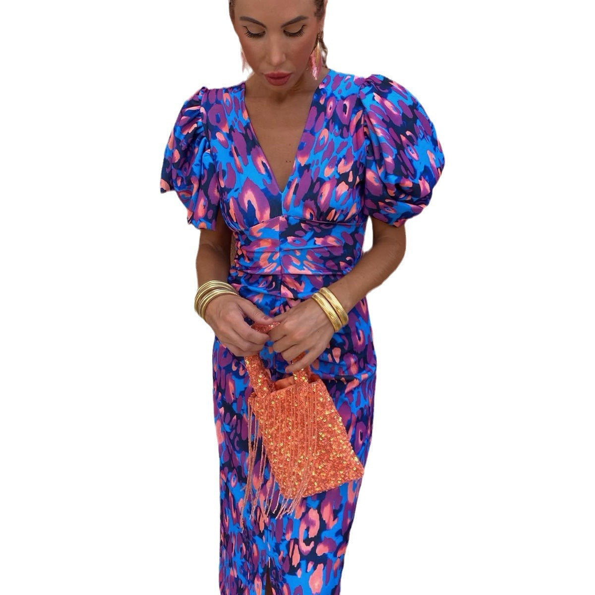 Damen Midikleid mit Puffärmeln und Animal-Print – Elegantes Sommerkleid für besondere Anlässe