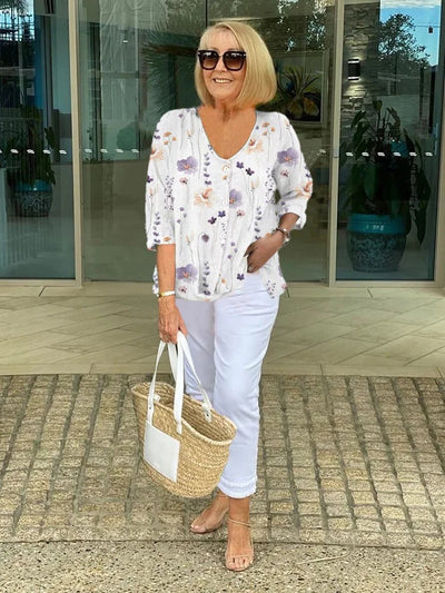 Barbara™ | Baumwolle und Leinen Blumenmuster Top