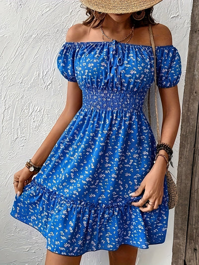 Schulterfreies Blumenkleid – Elegant mit geraffter Taille & Puffärmeln