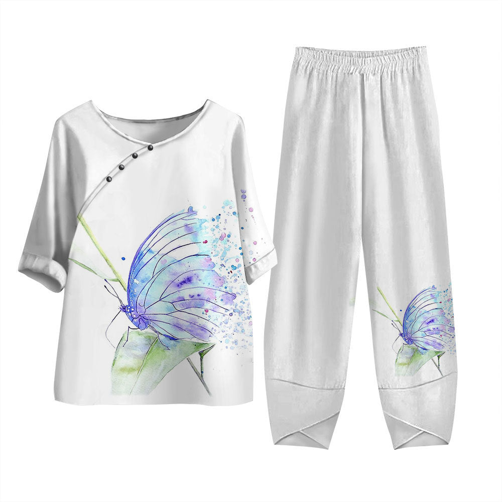 Damen Zweiteiliges Set Casual mit 3D Libellenmuster – Lockeres Halbarm Oberteil und Hose, Alltag & Freizeit, Asiatischer Stil