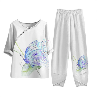 Damen Zweiteiliges Set Casual mit 3D Libellenmuster – Lockeres Halbarm Oberteil und Hose, Alltag & Freizeit, Asiatischer Stil