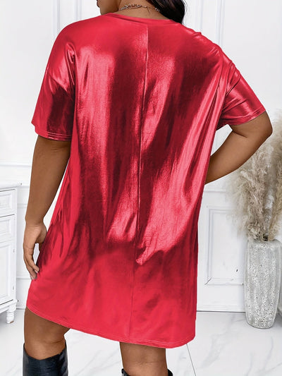 Modisches T-Shirt-Kleid – Einfarbig, Metallic-Look, Drop-Schulter, Lässig und Bequem