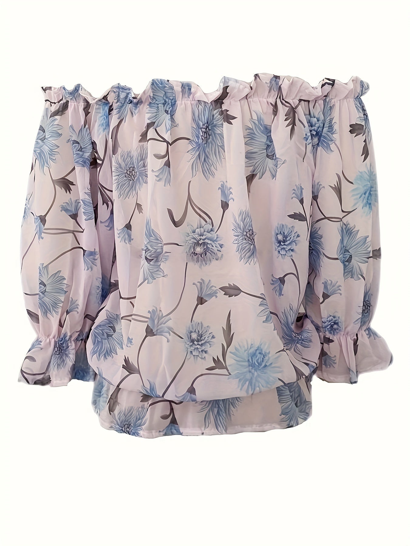 Leichte Schulterfrei Chiffon Bluse – Florales Design Laternenärmel
