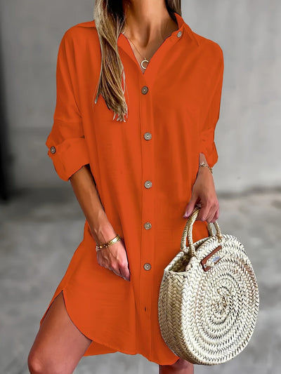 Lässiges Damen-Leinen-Hemdkleid – Langarm, Knopfleiste & Kragen, Atmungsaktiv