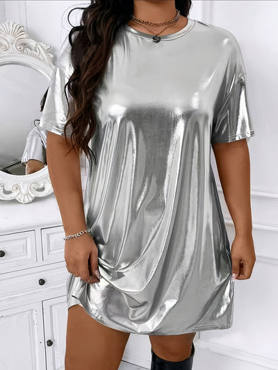 Modisches T-Shirt-Kleid – Einfarbig, Metallic-Look, Drop-Schulter, Lässig und Bequem