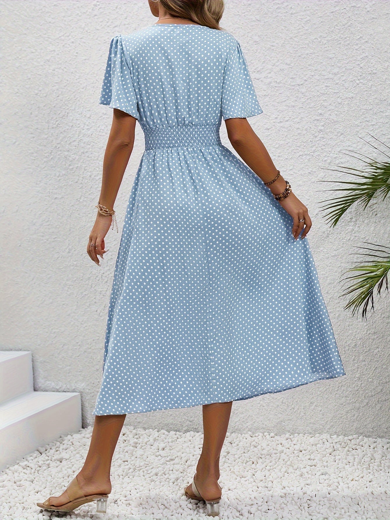 Polka Dot Sommerkleid Damen – Luftiges V-Ausschnitt Midi-Kleid