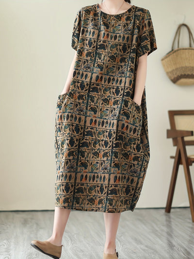 Elegantes Midikleid – Vintage-Grafik, Taschen, Luftig, Kurzarm & Bequem