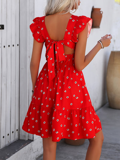 Elegantes A-Linien-Kleid – Blumenmuster, quadratischer Ausschnitt & Schleifendetail