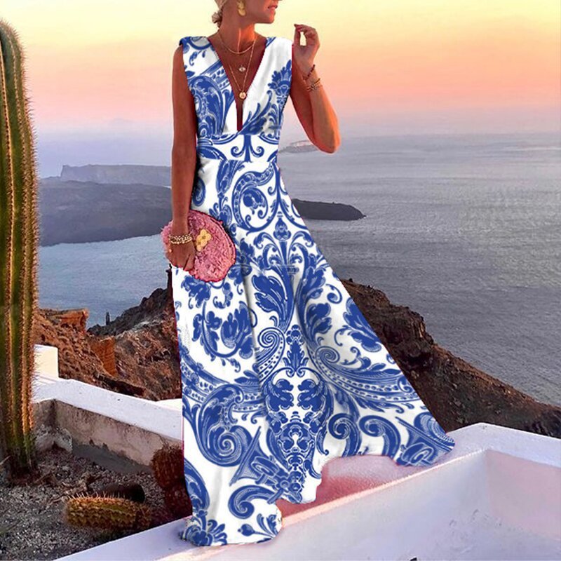 Damen Maxikleid mit Boho-Muster – Eleganter V-Ausschnitt für Sommer und Urlaub