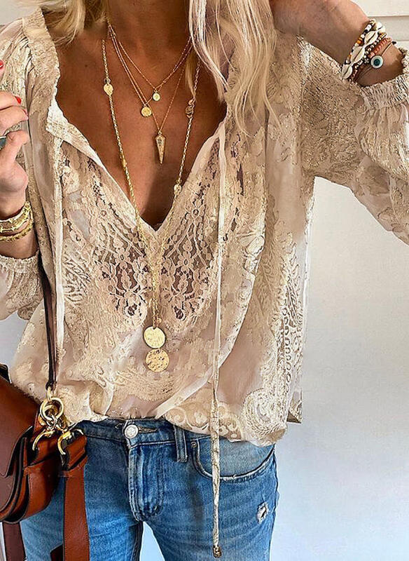 Damen-Spitzenbluse im Boho-Stil mit V-Ausschnitt für Freizeit & Sommer