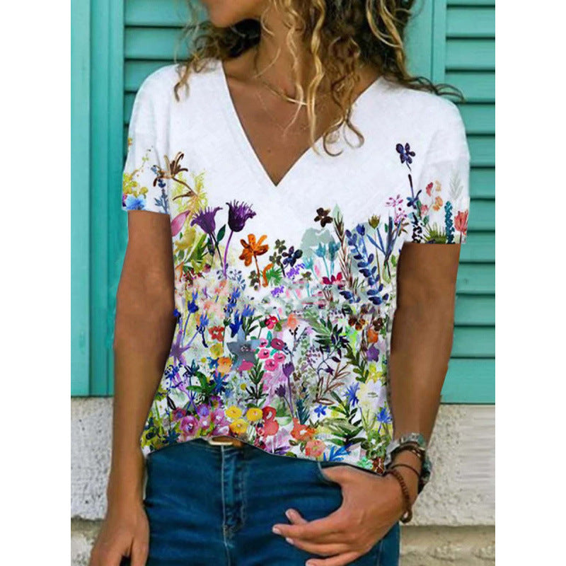 Flora - T-Shirt mit V-Ausschnitt und Blumendruck