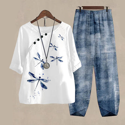 Damen Zweiteiliges Set Casual mit 3D Libellenmuster – Lockeres Halbarm Oberteil und Hose, Alltag & Freizeit, Asiatischer Stil