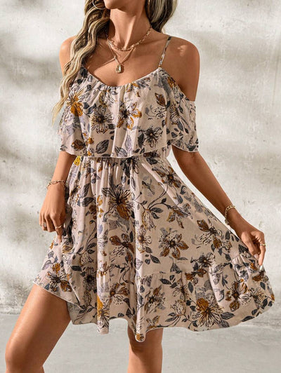 Alina – A-Linien Kleid Damen Blumendruck Carmen Ausschnitt