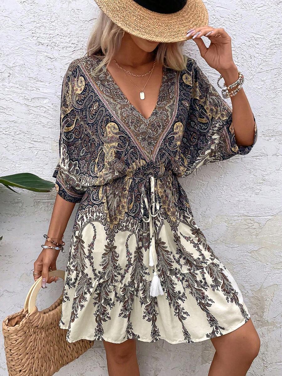 Philippa – Paisley Kleid Damen Fledermausärmel Quasten Urlaub