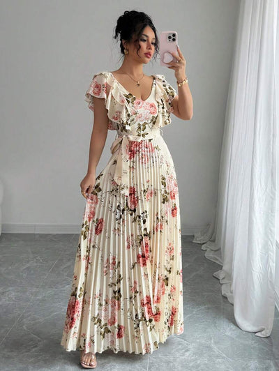 Paulina – V-Ausschnitt Damenkleid Mit Blumenprint Und Volant