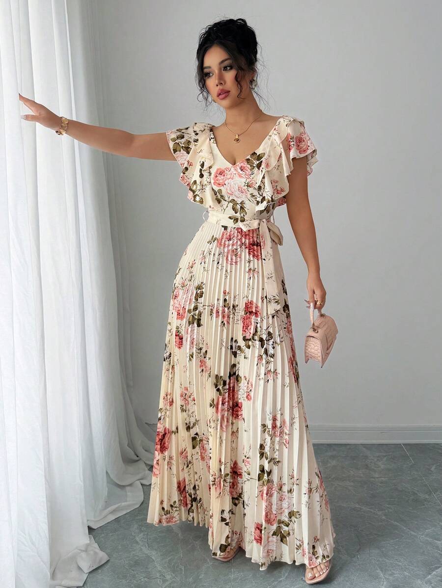 Paulina – V-Ausschnitt Damenkleid Mit Blumenprint Und Volant