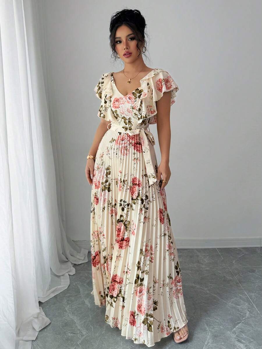 Paulina – V-Ausschnitt Damenkleid Mit Blumenprint Und Volant