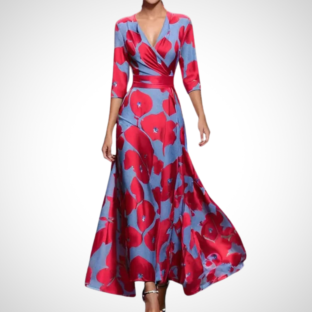 Damen Maxi Kleid mit V-Ausschnitt und drei Viertel-Ärmeln