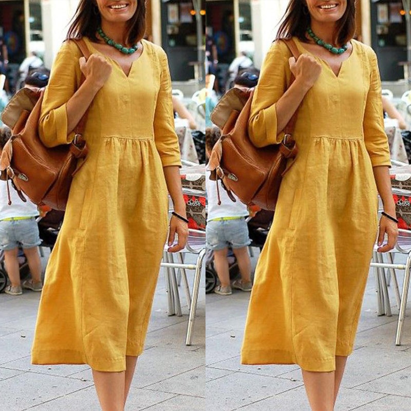 Damen Leinenkleid mit 3/4-Ärmeln – Bequemes Freizeitkleid im Vintage-Stil für Alltag und Urlaub