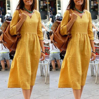 Damen Leinenkleid mit 3/4-Ärmeln – Bequemes Freizeitkleid im Vintage-Stil für Alltag und Urlaub