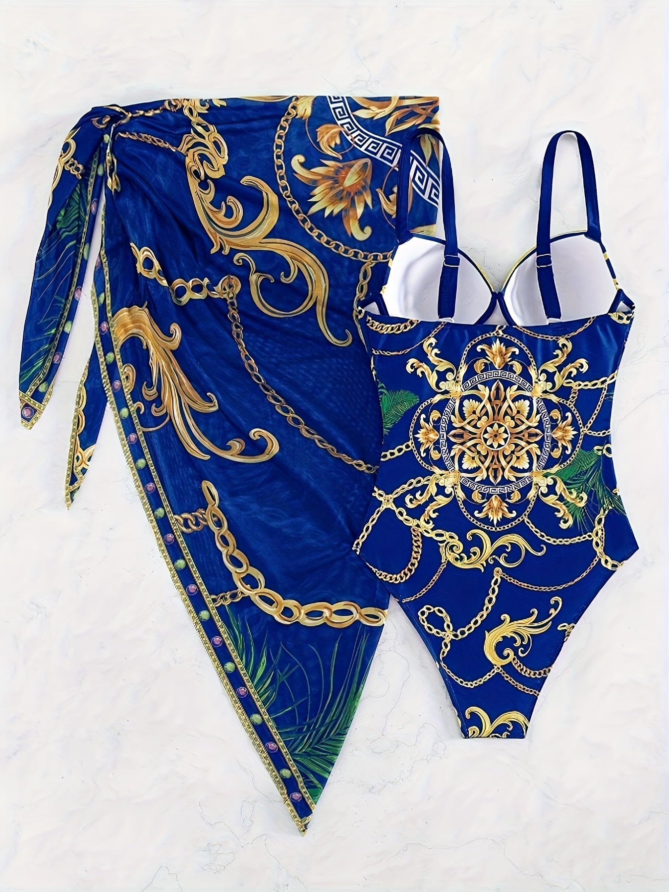 Eleganter 2-teiliger Badeanzug mit Kettenmuster – V-Ausschnitt, Push-Up, Spaghettiträger