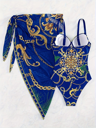 Eleganter 2-teiliger Badeanzug mit Kettenmuster – V-Ausschnitt, Push-Up, Spaghettiträger