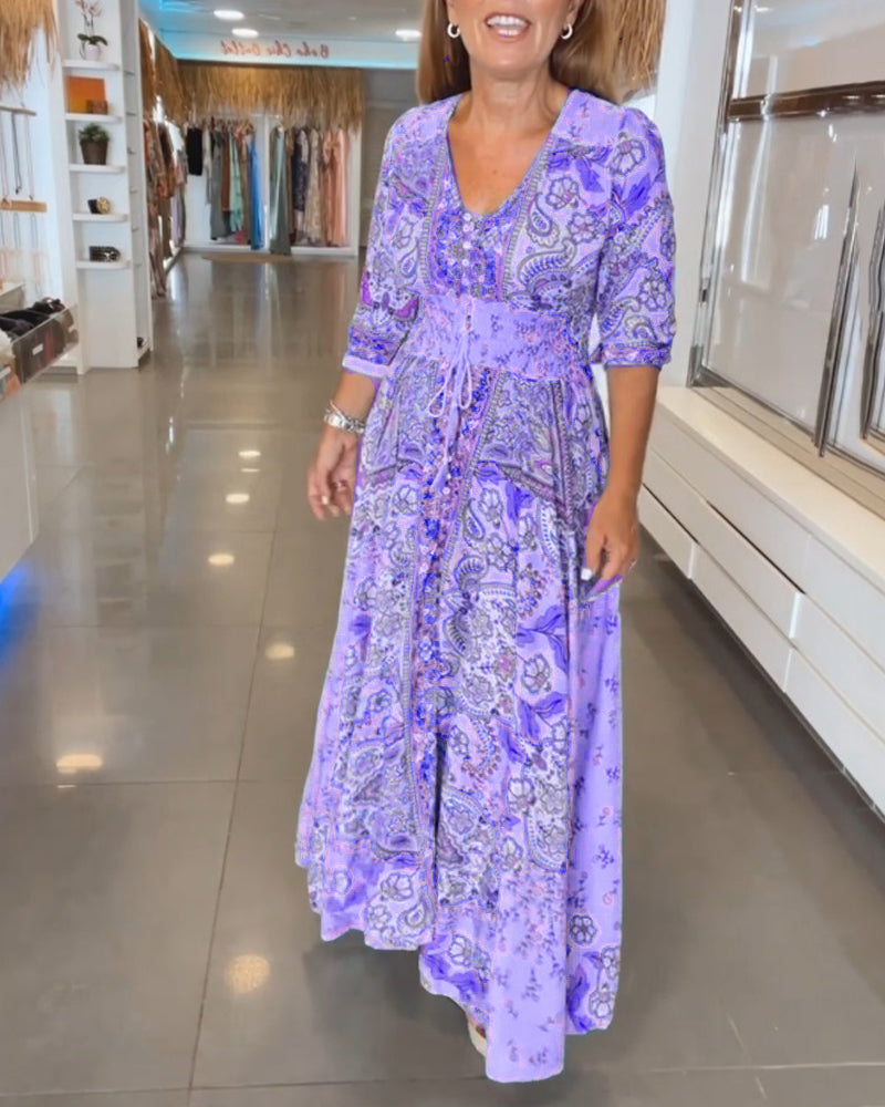 Urlaubskleid mit V-Ausschnitt und Dreiviertelärmeln für Damen