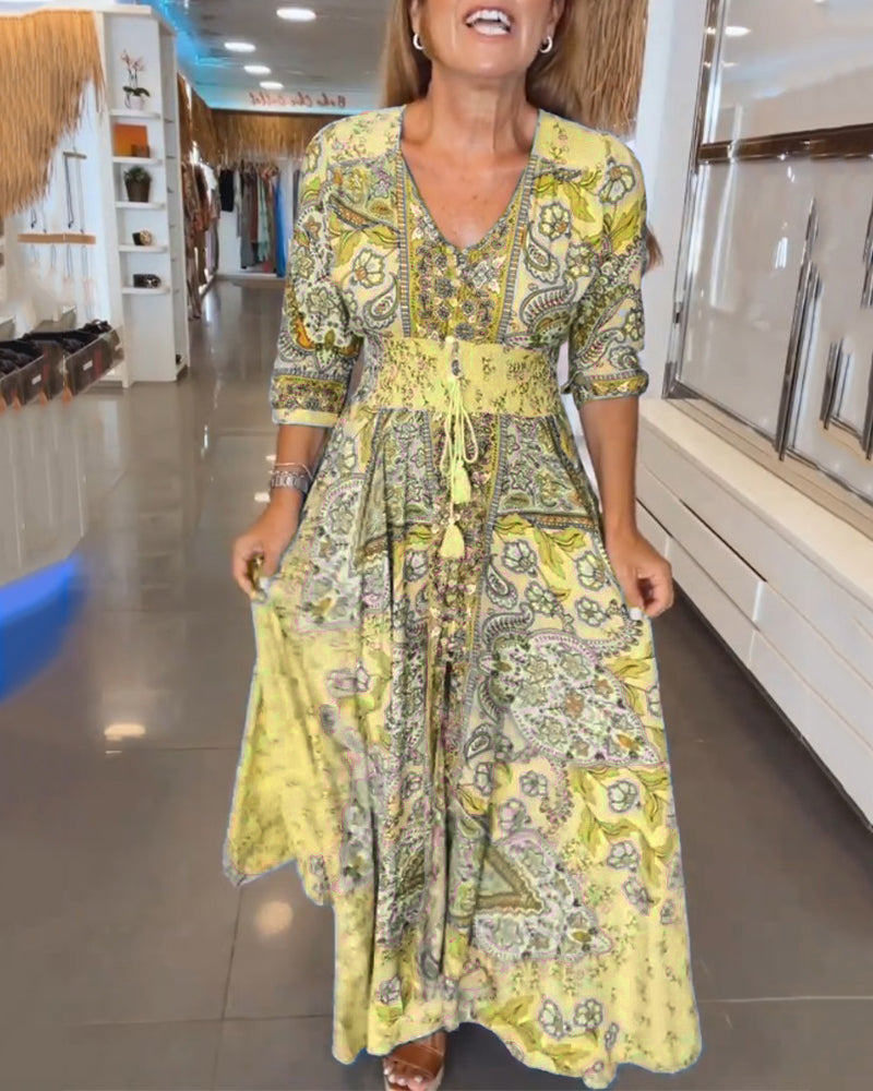 Urlaubskleid mit V-Ausschnitt und Dreiviertelärmeln für Damen