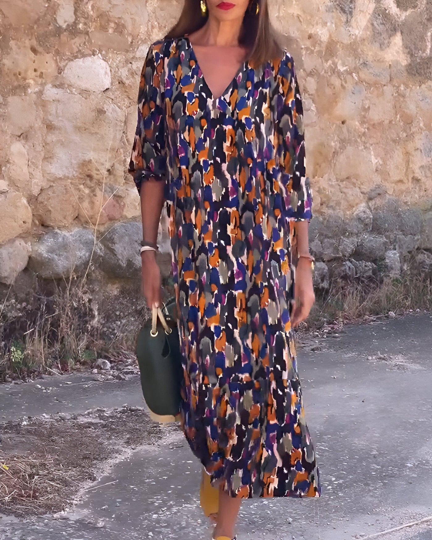 Damen-Sommerkleid mit V-Ausschnitt und Abstraktem Muster