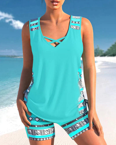 Trendige Bademode mit V-Ausschnitt & geometrischem Muster – Tankini-Set Madonna