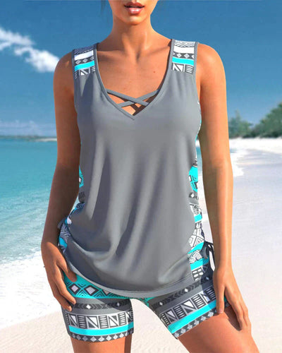 Trendige Bademode mit V-Ausschnitt & geometrischem Muster – Tankini-Set Madonna