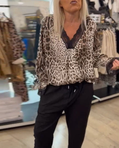 Stylische Bluse mit Leopardenmuster V-Ausschnitt und Patchwork-Spitze für Damen