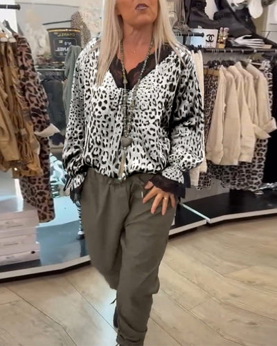 Stylische Bluse mit Leopardenmuster V-Ausschnitt und Patchwork-Spitze für Damen