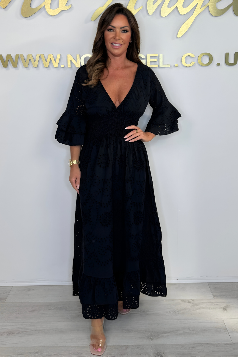 Boho Maxikleid mit Rüschenärmeln und Stickerei