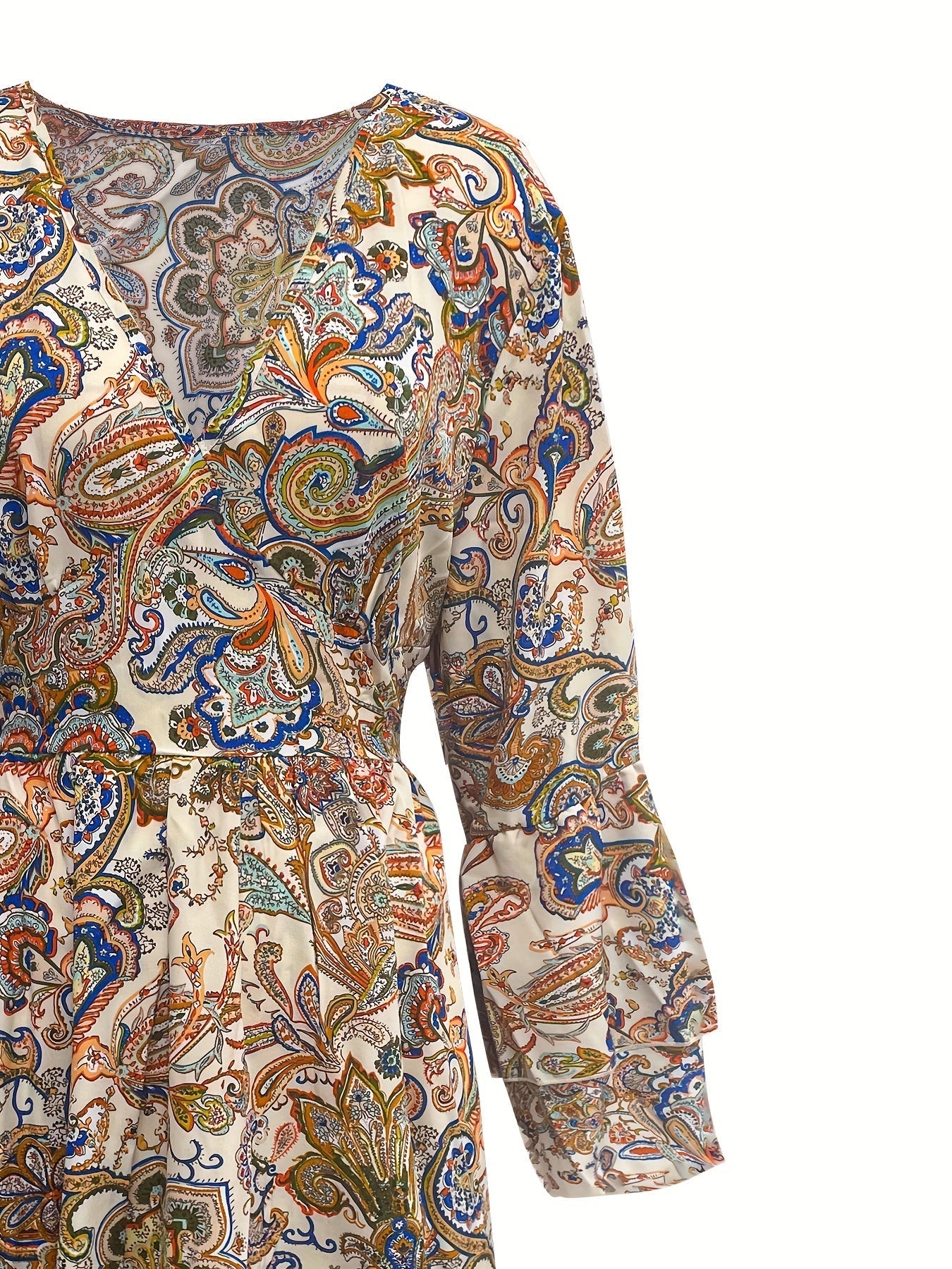 Paisley Kleid Damen – V-Ausschnitt A-Linie Sommerkleid mit Lagenärmeln