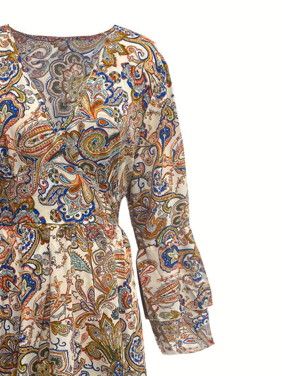 Paisley Kleid Damen – V-Ausschnitt A-Linie Sommerkleid mit Lagenärmeln